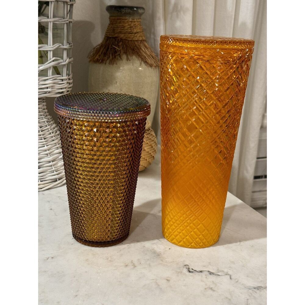 Lot Of 2 Starbucks Orange Fall Tumbler 2022 Jeweled Studded Tumbler Cold Cup - Picture 3 of 12